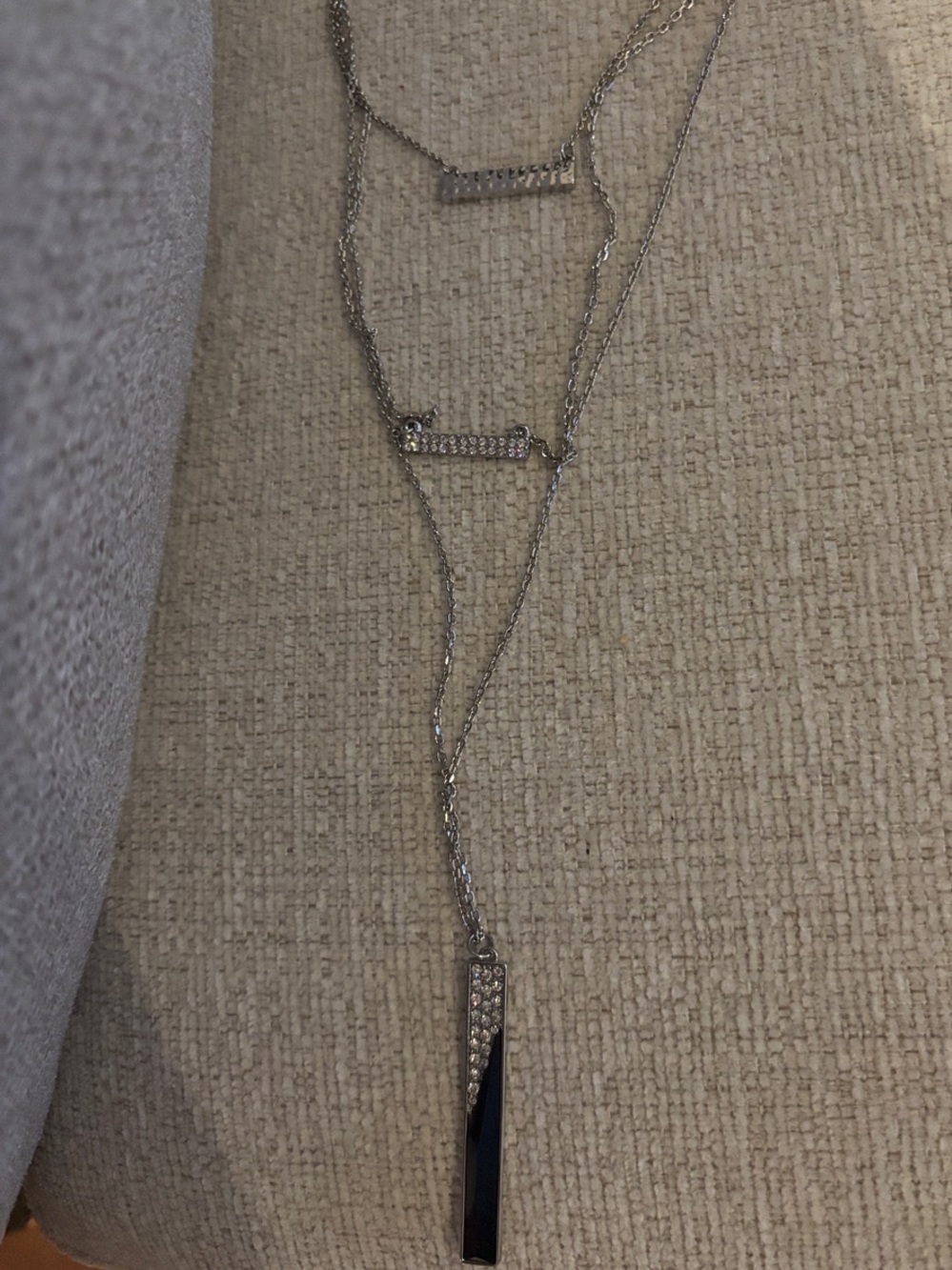Silver Layered Bar Necklace with Black Pendant